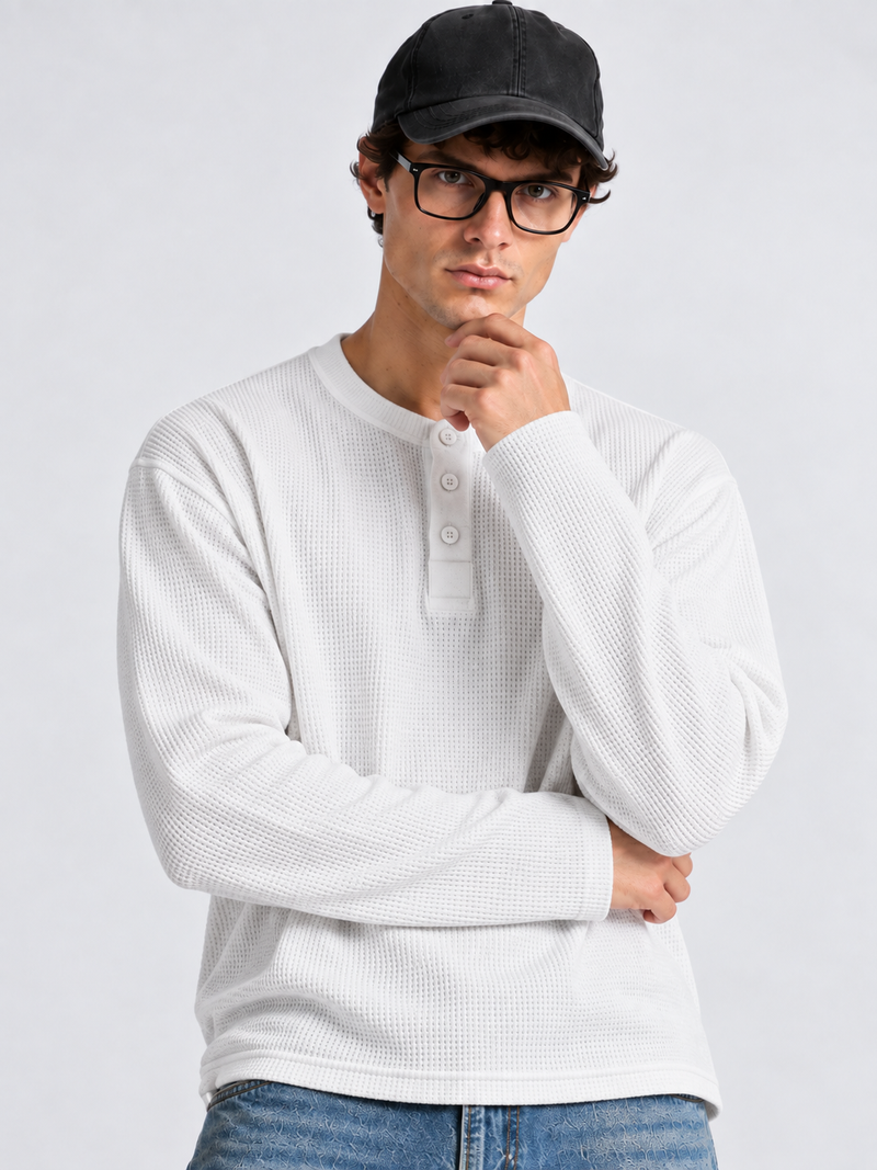 HENLEY-WHITE WAFFLE TEE